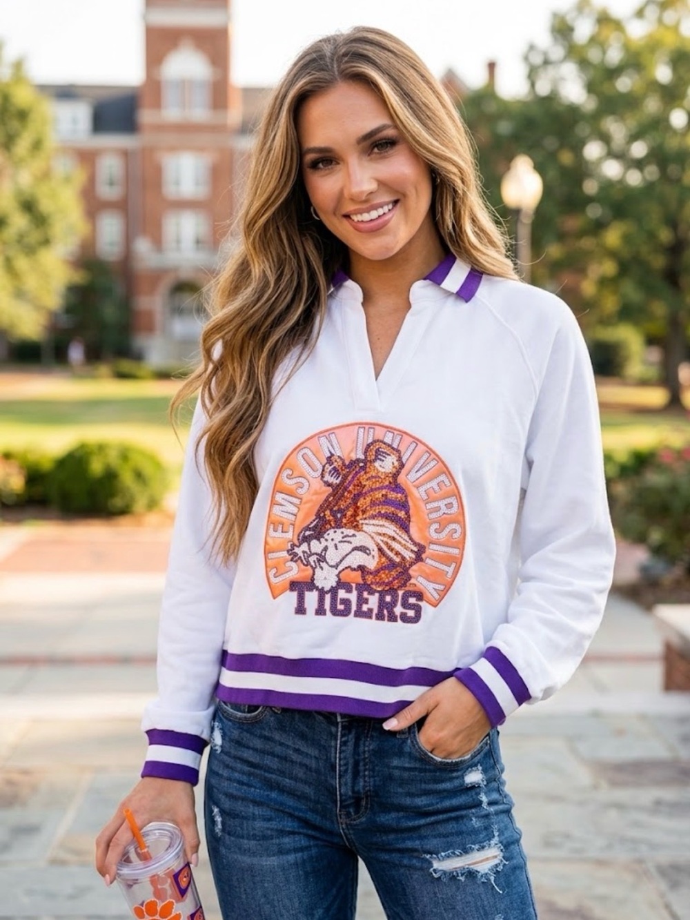 New! QUEEN OF SPARKLES Clemson Striped Collar Sequin Mascot Sweatshirt